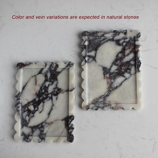Natural Luxury Scalloped Marble Tray 10.8"x8", Rectangle Vanity Tray for Bathroom Kitchen Counter, Decorative Tray for Dresser Home Decor - Calacatta Purple