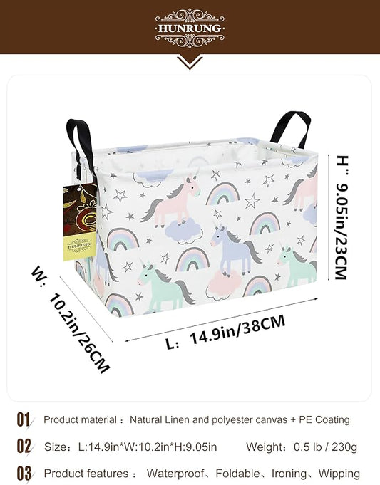 HUNRUNG Rectangle Storage Basket Cute Canvas Organizer Bin for Pet/Children Toys, Books, Clothes Perfect for Rooms/Playroom(REC-Star Unicorn)