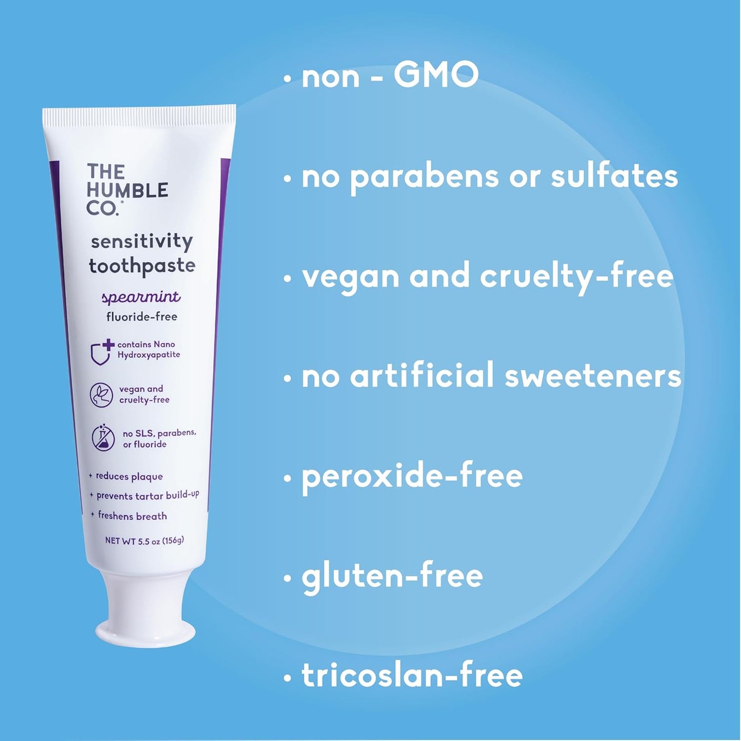 Humble Co. Sensitive Spearmint Fluoride Free Toothpaste for Fresh Breath and Plaque Removal, Vegan Cruelty Free, Non-Toxic SLS Free (5.5 oz, 2pk)