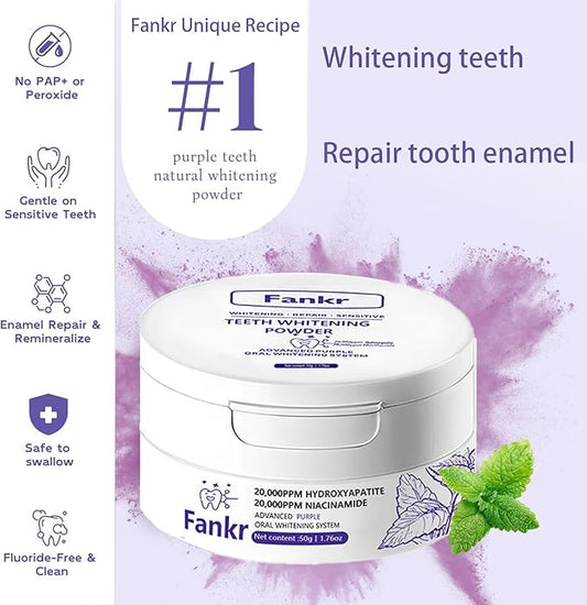 Teeth Whitening Powder with 20,000ppm Hydroxyapatite & 20,000ppm Niacinamide – Instant Brightening, Patent-Pending R5X Remineralizing Complex, Purple Color Corrector Mint Formula, 50g, 3-Month Supply