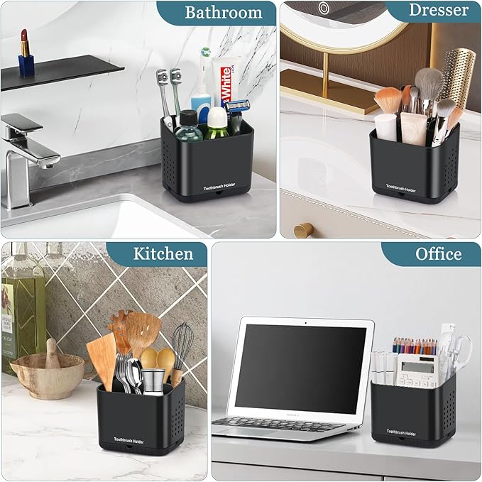 Black Toothbrush Holders for Bathrooms, Kids Electric Toothbrush and Toothpaste Holder, 4 Slots Tooth Brush Holder for Bathroom Countertop Organizer (Black)
