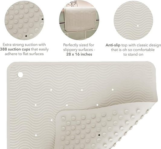 HEVEA Natural Rubber Wave Bath Mat – Long 28 × 16 in - Non-Slip Shower & Bathtub Mat with 388 Suction Cups, Plastic-Free & Biodegradable (Marble)
