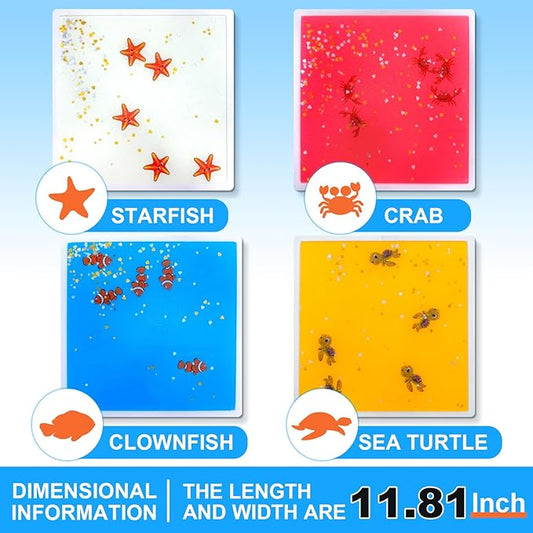 Kids Sensory Liquid Tiles: 11.8" X 11.8", Set of 4 Square Liquid Fusion Activity Playmats with Different Glow-in-The-Dark Colors for Baby, Toddler and Kids Gym, Nursery, Playroom.