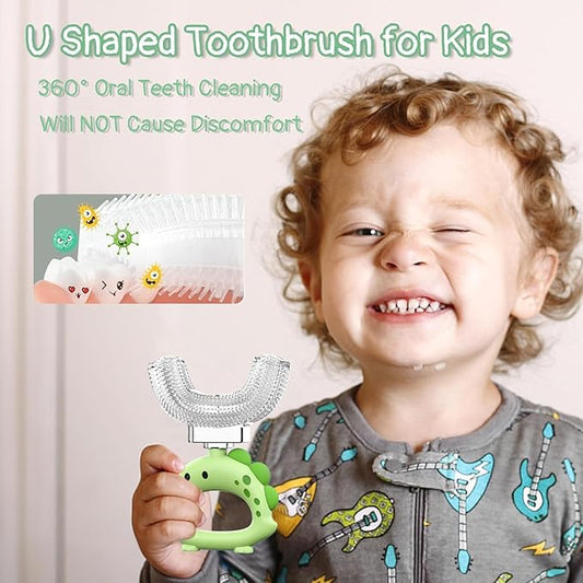 U Shaped Toothbrush - for Kids, Manual Whole Mouth Toddler Toothbrush Age 2-4 5 6 & up,Food Grade Soft Silicone Brush, 360° Oral Teeth Cleaning, Good for Dental Health, 2 Green