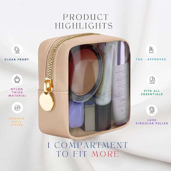 Beige Mini Makeup Bag - Clear Travel Cosmetic Case With Pouch, Small Cosmetic Pouch for Purse