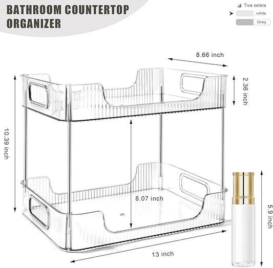 2-Tier Bathroom Counter Organizer Countertop Storage, Dresser Organizer Vanity Tray for Makeup, Perfume Organizer Cosmetics Skincare Shelf- Clear