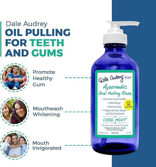 Ayurvedic Oil Pulling for Teeth and Gums | Organic Mint Flavored Oral Rinse Mouthwash | Natural Essential Oils | Cobalt Glass Bottle Pump for Teeth Whitening and Fresh Breath-8 FL Oz