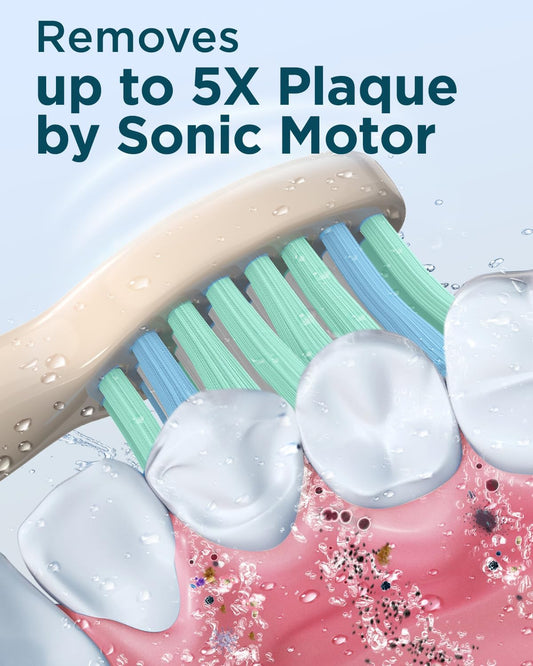 Rtauys M5 Sonic Electric Toothbrush for Adults - Rechargeable Electric Toothbrushes with 8 Brush Heads & Holder, Travel Case, Power Electric Toothbrush,120 Days Battery Life - Champagne