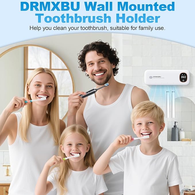 Toothbrush Sanitizer and Holder, DRMXBU Toothbrush Holders for Bathrooms with Light Clean Air Dry, Rechargeable Toothbrush Holders Wall Mounted with 5 Slots, Timer Function Tooth Brush Cleaner Case
