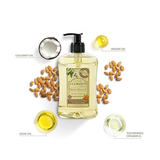 A LA MAISON French Liquid Hand Soap, Almond - Natural Hand Wash Made with Essential Oils - Biodegradable, Plant-Based, Vegan, Cruelty-Free, Alcohol & Paraben Free (16.9 oz, 3 Pack)