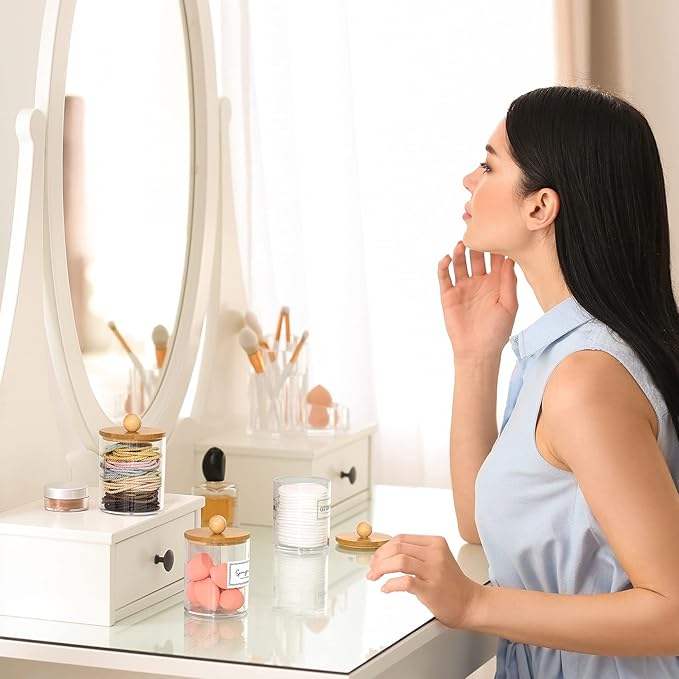 3 Pack Qtip Holder Dispenser with Bamboo Lids - 10 oz Clear Plastic Apothecary Jar Containers for Vanity Makeup Organizer Storage - Bathroom Accessories Set for Cotton Swab, Ball, Pads, Floss