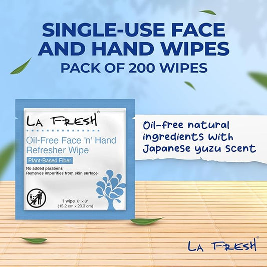 La Fresh Oil-Free Face ‘N’ Hand Refresher Wipes, Made With Natural Japanese Yuzu Scent, Pack of 200 Individually Wrapped Cleansing Wipes, Travel Essentials