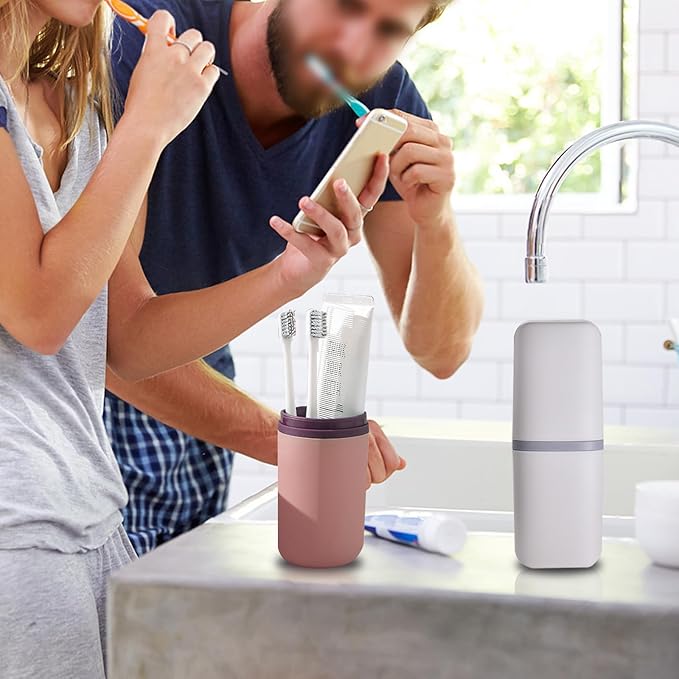 Huakaile 2 Pack Plastic Travel Toothbrush Holder, Portable Toothbrush Cup with Cover, Toothbrush Case Box Toothpaste Container for Storage Organizer Bathroom Camping (White, pink)