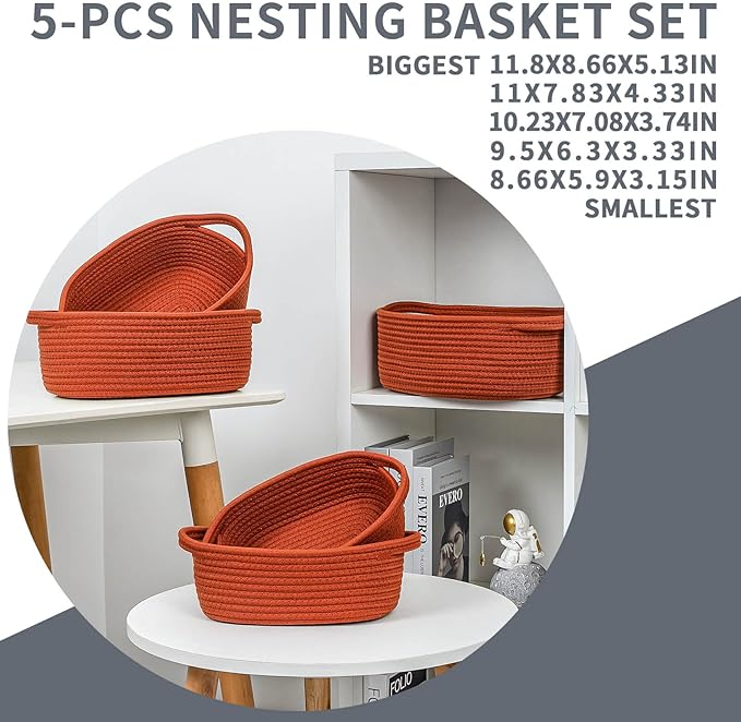 CubesLand Small Cotton Rope Storage Basket Set 5, Shelves Baskets for Organizing with Handle, Decorative Closet Storage Bins for Countertop Toilet Paper Basket for Toilet Tank Top,Rust Basket
