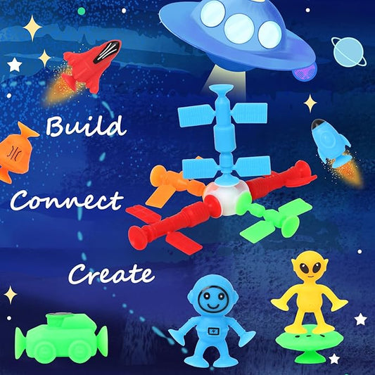 Suction Bath Toys for Kids, 20 Pcs No Hole Outer Space Bath Toy with Eggshell & Bag, Silicone Suction Cup Toys, Sensory Window Building Toys for Toddlers Boys Girls 3 4 5 6 Year Old