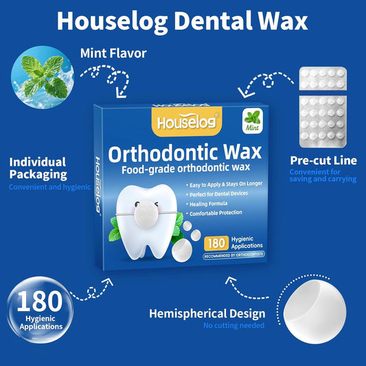 Orthodontic Wax for Braces - 180 Dental Wax Dots | Mint Flavor, Hygienic Individual Wraps, Brace Wax for Brackets