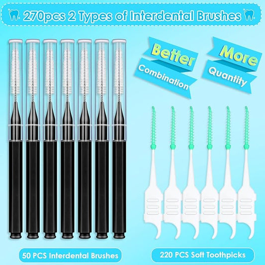270Pcs Interdental Brush, 220Pcs Soft Dental Picks & 50Pcs Braces Brush for Teeth, Bendable Braces Flossers Heads Interdental Brushes Between Teeth Oral Tooth Braces Cleaner Kit (Black)