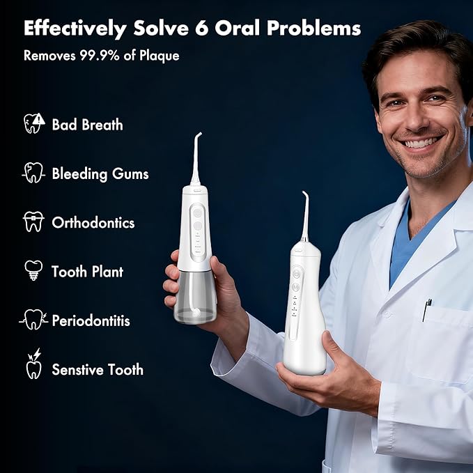 Dygoophy® K1 Cordless Water Flosser & Oral Irrigator | 300ml Tank, IPX7 Waterproof, 4 Modes, 30-Day Battery, Quiet Design for Braces, Sensitive Gums & Complete Dental Care (White)