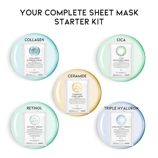 Hydrating Sheet Mask Starter Kit Variety Pack for Skin Care, Dry, Ance, Sensitive Skin, Korean Vegan Facial Sheet Mask for Men & Women, Collagen, Cica, Ceramide, Hyaluron, Retinol 5EA