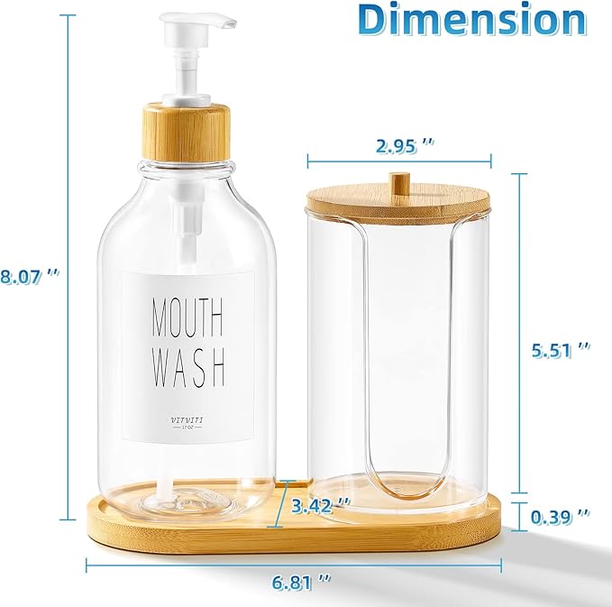 VITVITI Mouthwash Dispenser for Bathroom, Mouth Wash Pump Bottle with Paper Cup Holder, 17Oz Refillable Clear Mouthwash Container with Bamboo Lid/Tray/Label