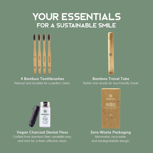 Greenzla Bamboo Toothbrushes, Wooden Toothbrush Set with Soft Bristles, Includes Travel Case and Charcoal Dental Floss, 4 Pack