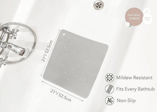 HEVEA Natural Rubber Wave Bath Mat – Square 21x21 in - Non-Slip Shower & Bathtub Mat with 364 Suction Cups, Plastic-Free & Biodegradable (Granite)