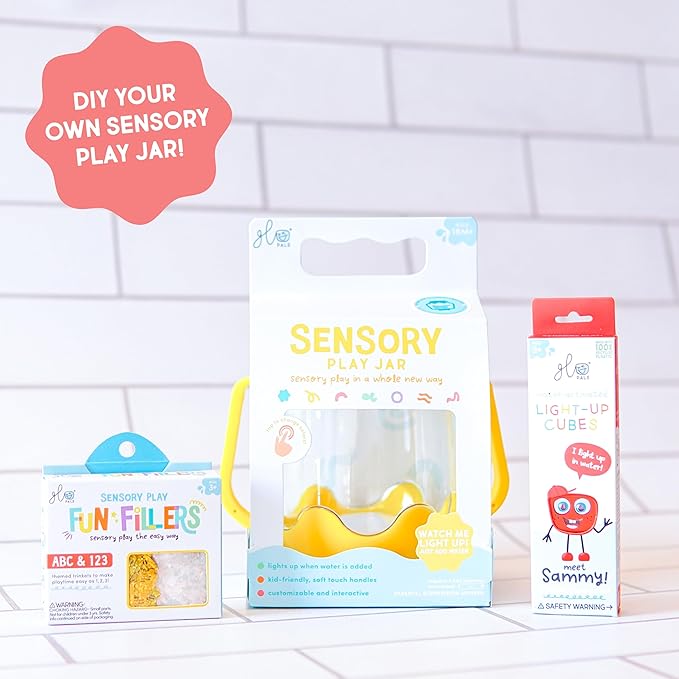 Glo Pals Play Pack Bundle with Sensory Play Jar, Water-Activated Light-Up Cubes, and Fun Fillers - Sensory Toys for Toddlers - Sensory Toy Kit with Light Up Cubes for Bathtub - Easy as ABC
