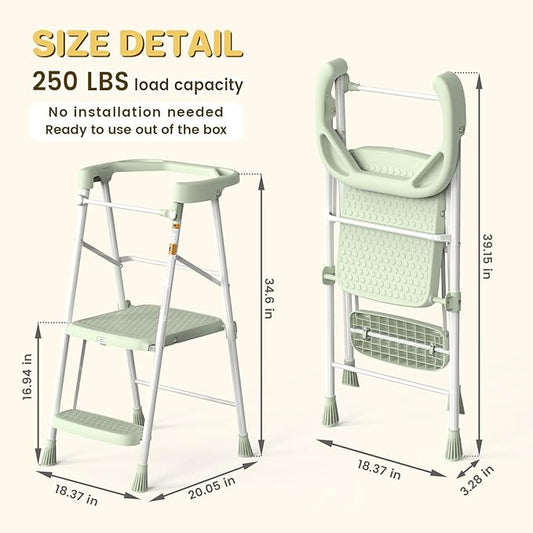 HBTower Kids Step Stool 2 Steps, Toddler Tower for Kitchen Counter Learning, Toddler Kitchen Stool Helper with Anti-Drop Safty Railing Kids Standing Folding Stepper, Green