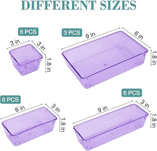 25 PCS Drawer Organizer Set, 4 Varied Size Bathroom and kitchen Drawer cabinet organizer Trays, Clear Storage Bins for Makeup, Jewelry, Utensils and Gadgets, Purple