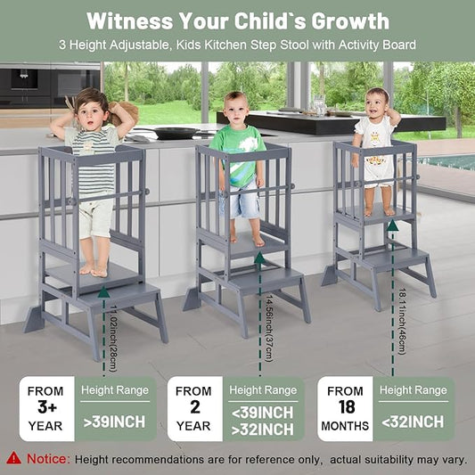 COSYLAND Toddler Standing Tower - Adjustable Height Toddler Kitchen Stool Helper - Kids Kitchen Step Stool for Learning with Removable Safety Railing Slate Gray