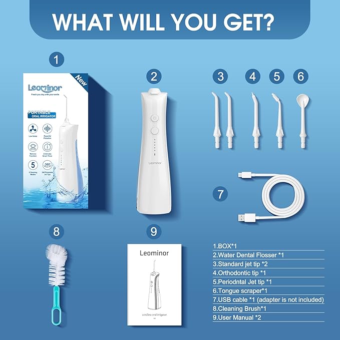 Leominor Water Dental Flosser - 5 Modes Cordless Portable Oral Irrigator, IPX7 Waterproof, Rechargeable Teeth Cleaner Upgrade Datchable Tank Professional Flossing Cleaning Pick for Home Travel (White)