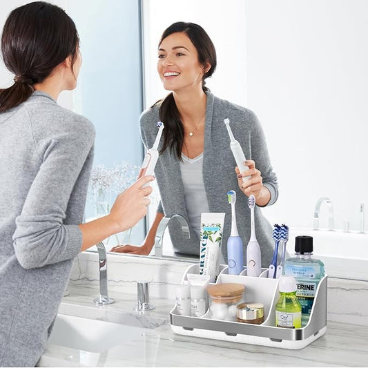 Toothbrush Holders for Bathrooms Countertop Organizer - Kids Electric Toothbrush and Toothpaste Holder Detachable 7 Slots Tooth Brush Organization Bathroom Accessories Storage Vanity, Silver