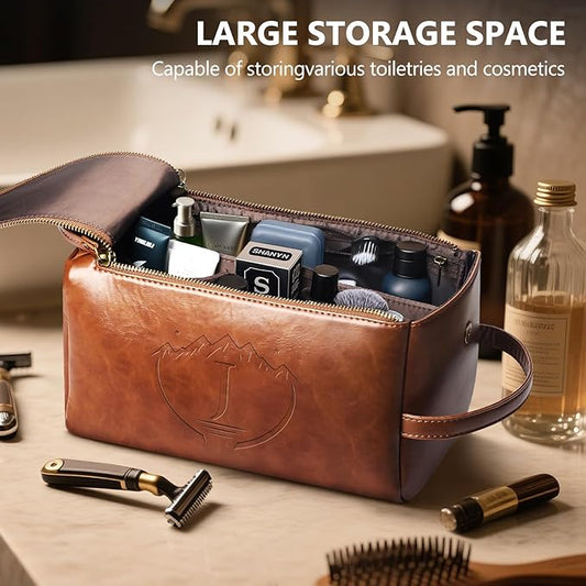 Personalized Toiletry Bag for Men,Initial Mens Toiletry Bags for Traveling,Men Travel Toiletries Bag,PU Leather Shaving Bag for Toiletries Accessories kit,Brown J