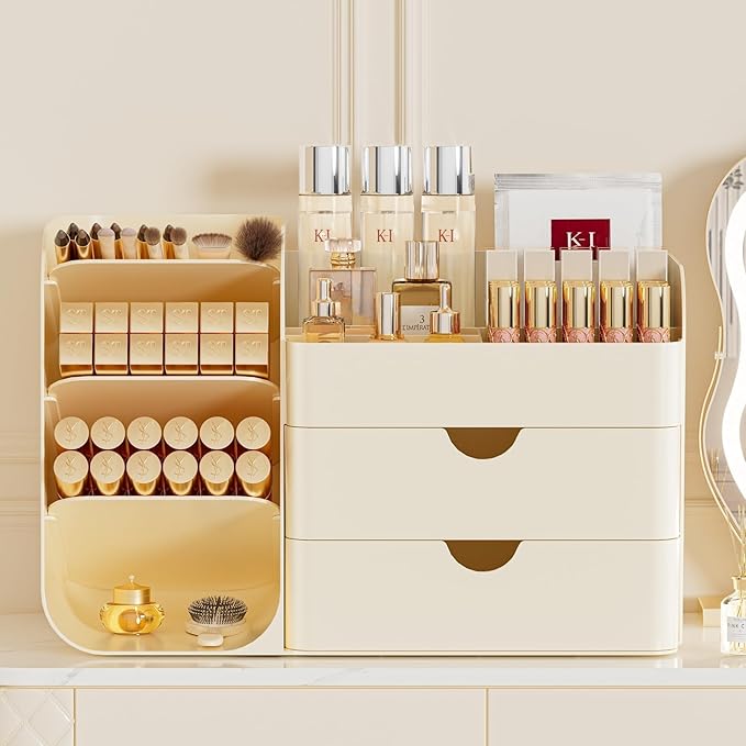 Makeup Organizer with Brush Holder for Vanity,Countertop Makeup Organizer with Drawers,Spacious Cosmetic Display Case,Perfect Storage Solution for Your Beauty Essential (Cream, Large)