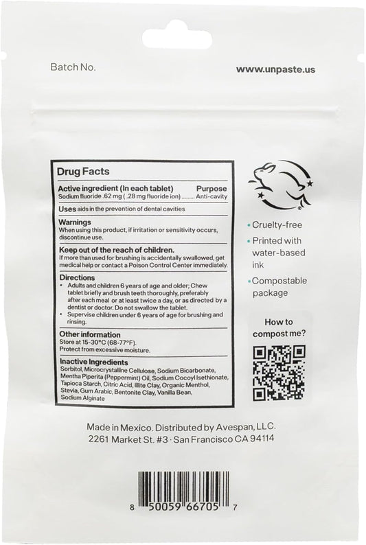 Unpaste Toothpaste Tablets, New Formula, Fluoride Mint, Xylitol Free, Vegan, Plastic Free, Travel-Friendly, Resealable Packet, 250ct, 4 Month Supply