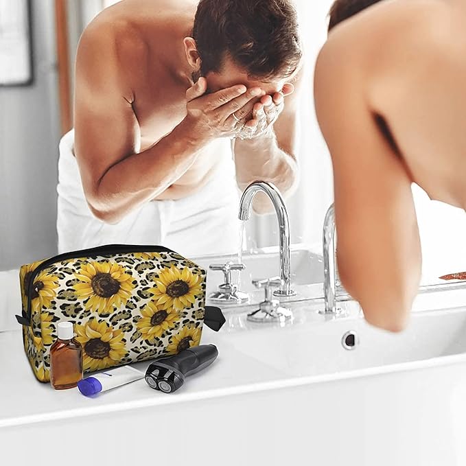 Sunflower Leopard Toiletry Bag for Women Men Portable Travel Wash Bag Waterproof Gym Shaving Toiletries Cosmetic Organizer Bag, Shower Bathroom Toiletries Accessories Makeup Bag with Handle
