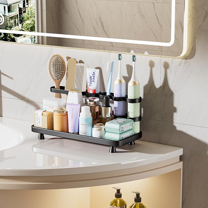 Electric Toothbrush Holder for Bathroom Countertop 5 Metal Slots Toothpaste Razor Mouthwash Organizer, Black