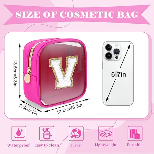Personalized Initial Letter Clear Preppy Makeup Bag,Mini Nylon Chenille Letter Cosmetic Bag Cute Zipper Pouch Coin Purse for Teen Girls,Portable TSA Approved Travel Essentials Bag Gift for Women,V