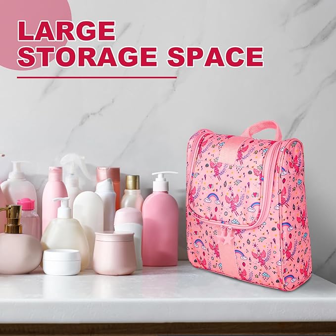 Cute Cartoon Hanging Kids Toiletry Bag Children Travel Cosmetic Makeup Organizer Wash Bag Shower bag Over Night Bag Camping Shaving Kit Bag for Boys & Girls(Fairy)