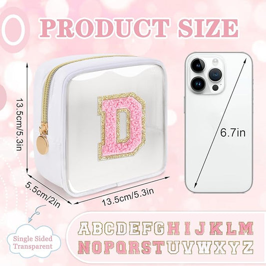 Mini Clear Personalized Initial Makeup Bag,Nylon Preppy A-Z Chenille Letter Patch Zipper Cosmetic Bag, Small Cute Beach Pouch Travel Purse Sanitary Napkin Storage Bag for Women Girls(White-Pink D)