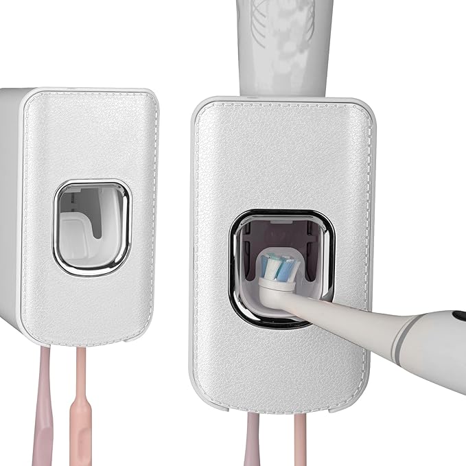 2 Slot Toothbrush Holder and Toothpaste Dispenser Wall Mounted, Automatic Toothpaste Squeezer, 2 in 1 Tooth Brush Toothpaste Organizer for Shower (White 2Pack)