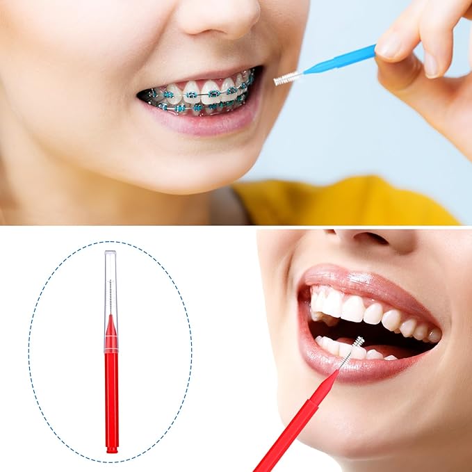 Patelai 100 Pieces Braces Brush for Cleaner Interdental Brush Toothpick Dental Tooth Flossing Head Oral Dental Hygiene Flosser Toothpick Cleaners Tooth Cleaning Tool (Blue, Red,Suitable Size)