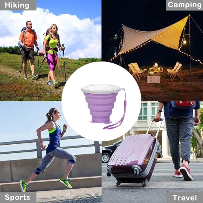 Silicone Collapsible Cups for Camping Travel,Small Portable Backpacking Camping Cup for Outdoor,Reusable Folding Travel Cup,270ml,Graduated(Purple)