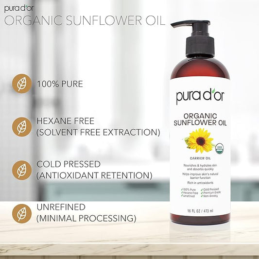 PURA D'OR 16 Oz ORGANIC Sunflower Seed Oil - 100% Pure & Natural USDA Certified Cold Pressed Carrier Oil For DIY Beauty - Unscented, Hexane Free Liquid Moisturizer - Face Skin & Hair - Men & Women