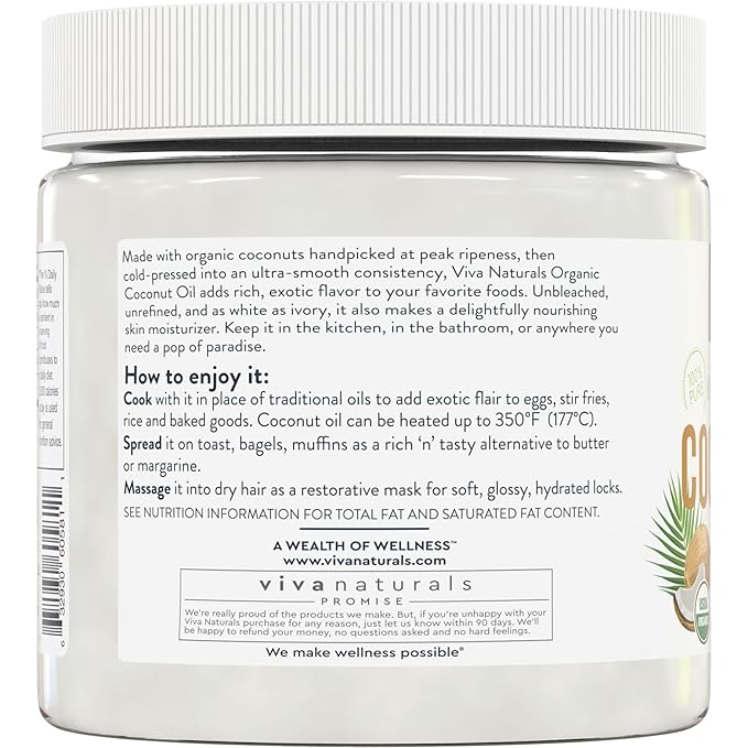 Viva Naturals Organic Coconut Oil, 16 fl oz – Unrefined, Cold-Pressed Extra Virgin Coconut Oil, USDA Organic & Non-GMO, Natural Cooking Oil, Hair Oil & Skin Oil