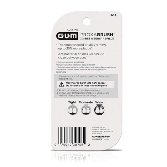 GUM Proxabrush Go-Betweens Refills - Wide - Compatible with GUM Permanent Handle - Reusable Interdental Brushes - Soft Bristled Dental Picks, 16 Count