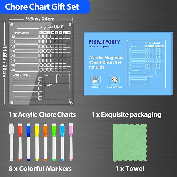 PigPotParty Acrylic Magnetic Chore Chart for Kids on Fridge – 9.5"x12" Daily & Weekly Dry Erase Chore Board with 8 Fine Tip Markers and 1 Towel – Responsibility Chart with Reward Point System