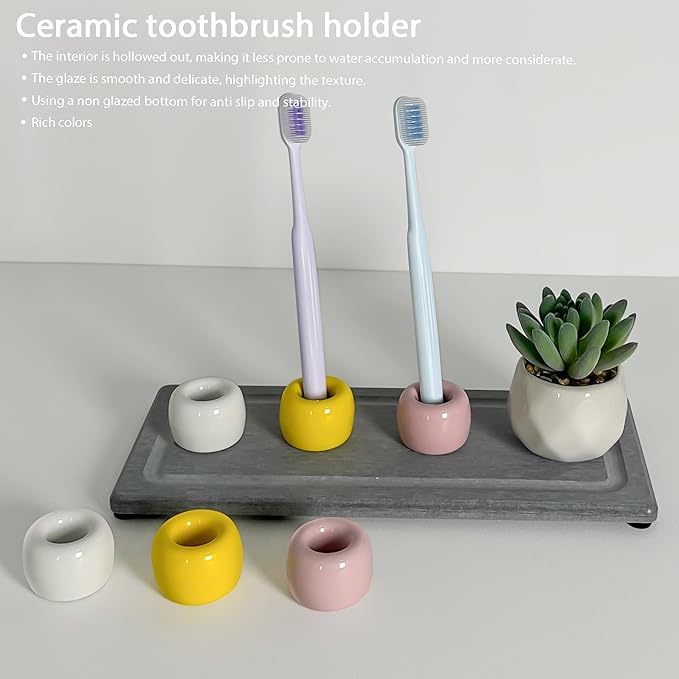 6-Pack Mini Ceramic Toothbrush Holders – Bathroom Countertop Organizers | Compact Hygienic Brush Stands | White, Pink & Yellow