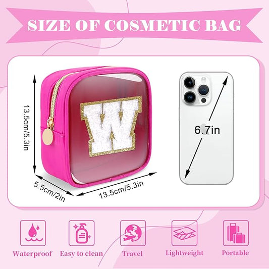 Personalized Initial Letter Clear Preppy Makeup Bag,Mini Nylon Chenille Letter Cosmetic Bag Cute Zipper Pouch Coin Purse for Teen Girls,Portable TSA Approved Travel Essentials Bag Gift for Women,W