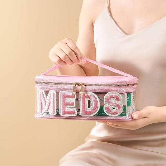 Clear Waterproof MEDS RX Makeup Bag,Transparent PVC Letter Patch medication travel case with Handle and Zipper, Portable Meds First Aid Travel Organizer Cosmetic Bag(01 Pink MEDS)